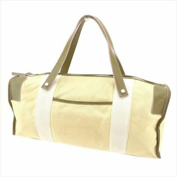 Authentic Loewe Bag Handbag Anagram Beige Green Canvas Leather - Picture 1 of 6